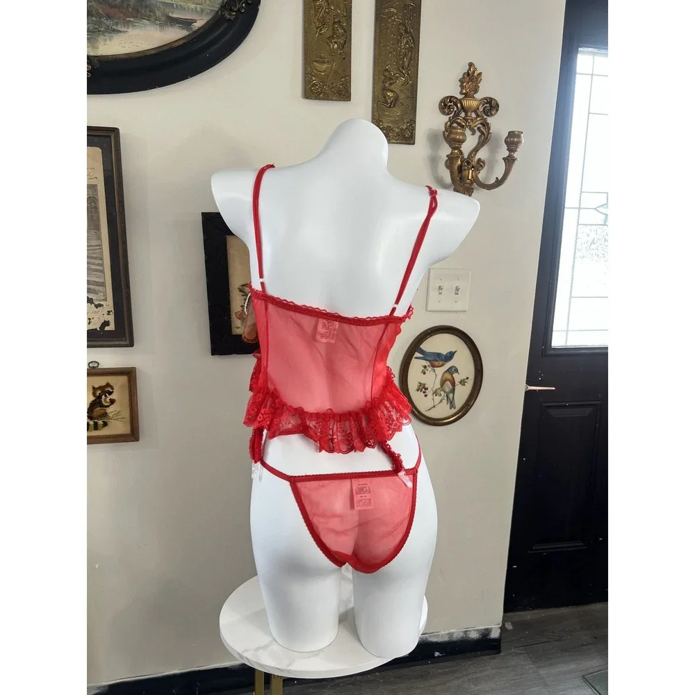 Andrea Kristoff for Escante Red Lace Corset Lingerie Set Garter Thong Small 84U